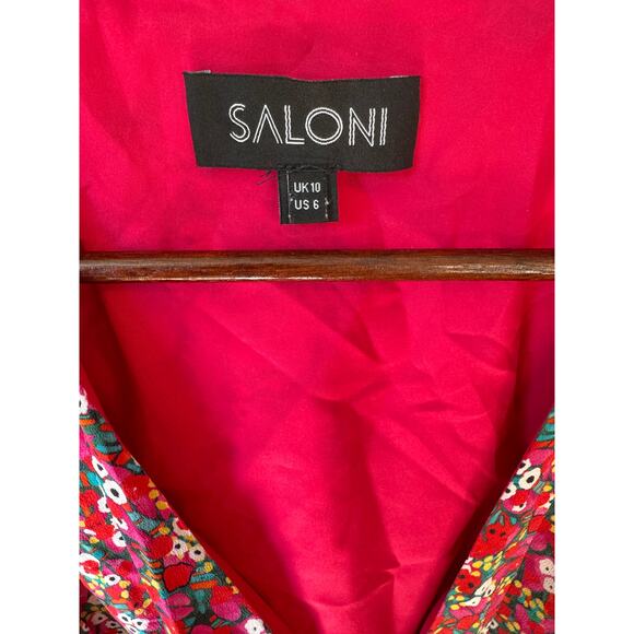 SALONI Lea Wrap Dress Red Pink Poppyfield Silk Size 6 EUC Maximalist Floral Mini - Picture 3 of 15